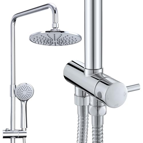 HOMELODY Sistema de ducha sin grifería, ducha de lluvia con cabezal de ducha de acero inoxidable, redondo, cromado, barra de ducha, juego de columna de ducha SUS304