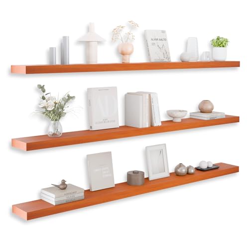 Anynice 60 Inch Floating Shelves for Wall, Set of 3 Long Wood Floating Shelf, Rustic Wall Mounted Shelves for Living Room, Bedroom, Kitchen & Bathroom, Orange Finish