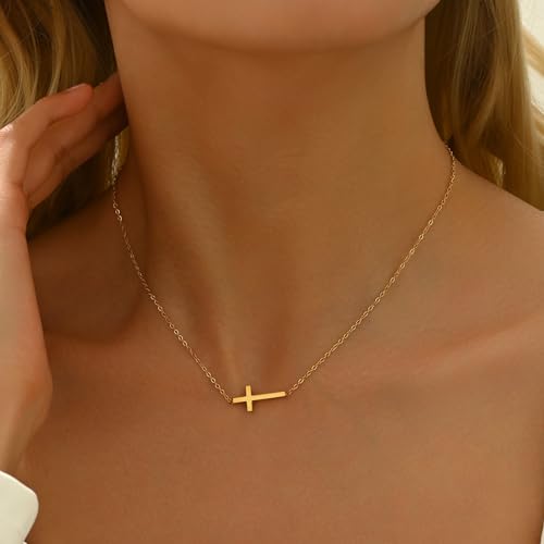 Cross Necklace for Women 18K Gold Plated Dainty Tiny Sideways Cross Choker Necklace Adjustable Stainless Steel Trendy Faith Jewelry2