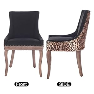 Aoowow Fabric Vintage Upholstered Side Chairs Set of 6 Farmhouse Solid Wood Kitchen Dining Room Chairs with Nailheads Legs Black and Leopard Print