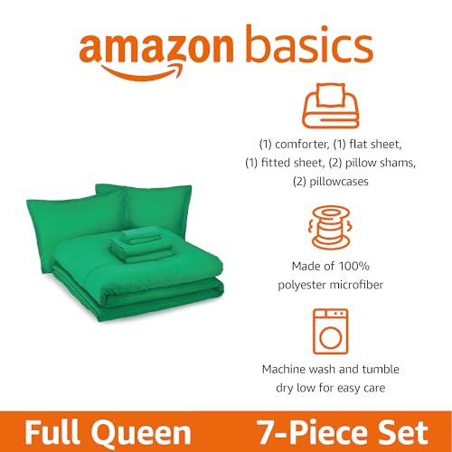 Image of Amazon Basics 7-Piece Soft, All-Season Microfiber Kid's Bed-in-a-Bag Bedding Set with Comforter, Sheets, Pillow Shams and Pillowcases, Full /Queen, Solid Green