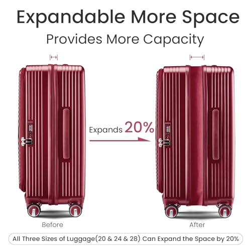 A 3-piece set of lightweight luggage with TSA locks and expandable carry-on luggage, equipped with a front pocket and multi-directional wheels. (WINE RED + PC)2