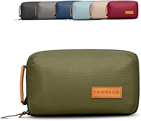 Tech Bag Organizer - Small Electronics Organizer Pouch for Travel - Premium Travel Case with Leather Accents - Mesh Pocket for Cables, Cords and Chargers - TRIPPED Travel Gear (Green)