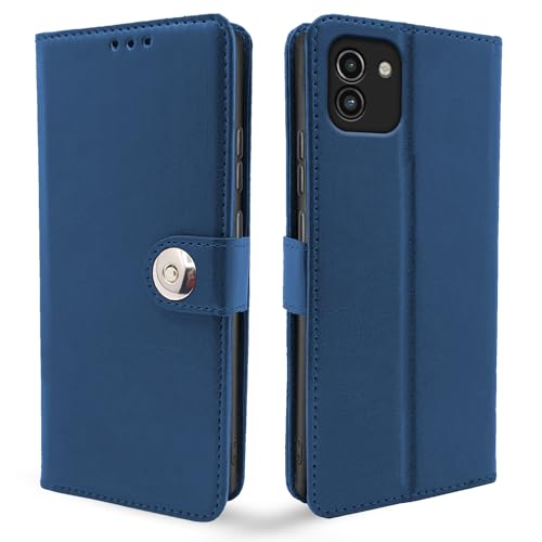 Image of Pikkme Samsung Galaxy A03 Flip Cover Leather Finish | Inside TPU with Card Pockets | Wallet Stand and Shock Proof | Complete Protection Button Flip Case (Blue)