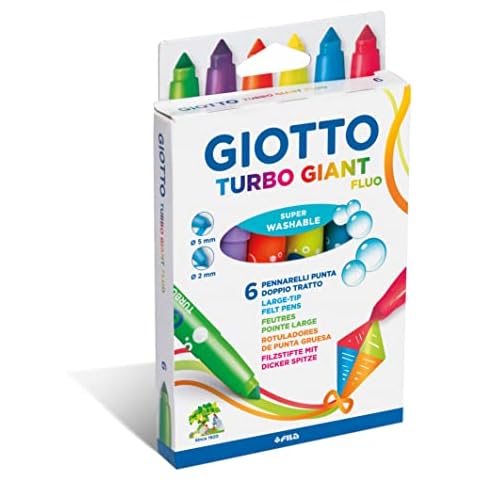 GIOTTO Giant Fluorescent Extra Large Felt-Tip Pens Box of 6 Assorted Colours, Ideal for Young Artists Cover