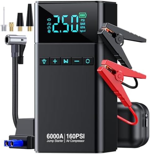 10-in-1 Portable Car Battery Jump Starter with Air Compressor, 6000A 160PSI Portable Car Jumper Starter (All Gas 12L Diesel), 12V Jump Box Car Battery Jump Starter with Jumper Cables, Lights
