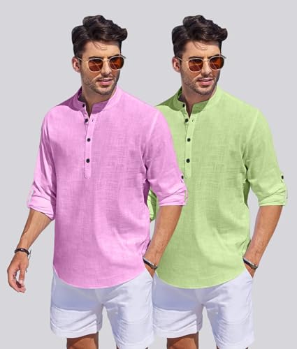 Image of Men's Cotton Blend Straight Kurta Shirt Combo with Mandarin Collar - Slim Fit Casual Short Kurti Set Featuring Textured Slub Fabric and Roll-Up Full Sleeves