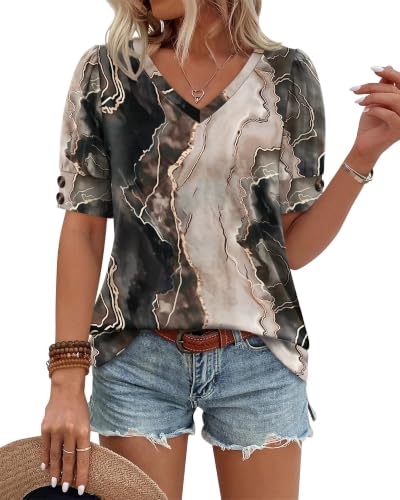 Image of OFEEFAN Womens Tops Short Sleeve Shirts Buttons V Neck Spring Fashion Summer Outfits Plus Size Blouses Dressy Casual