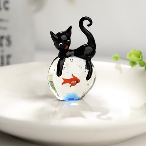 QFkris Blown Glass Black Cat Figurine, 1.6“ Mini Glass Animals Sculpture, Cat and Fish Art Collectible Figurines for Home Decor, Gift for Mom Cat-Lover Birthday - Image 5