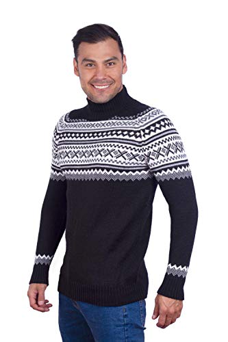 Turtleneck Black Genuine Alpaca Sweater for Men - Nordic Pattern Pullover for Winter in Soft Alpaca Wool2