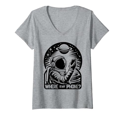 Women's Phone Quest Distressed Humor Where is My Phone V-Neck T-Shirt, Heather Grey, XX-Large