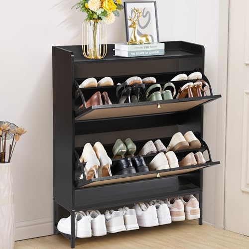 LEVNARY Shoe Cabinet with 2 Flip Drawers, Black Narrow Shoe Racks Cabinet Storage, Hidden Freestanding Shoe Organizer with Metal Legs for Hallway, Entryway, Home (1, Black)