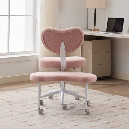 Image of Ergonomic Cross Legged Office Chair with Wheels, ADHD Chair for Adults, Meditation Chair, Yoga Office Chair, Comfortable Back Support, Height Adjustable,Small Spaces,Teddy Fleece-Pink