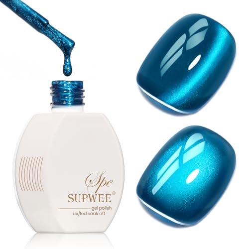 SUPWEE Vernis à ongles gel avec kit magnétique, 15 ml, vernis à ongles holographique bleu œil de chat, galaxie pour bricolage, nail art, manucure, salon