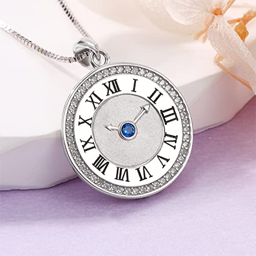 925-Sterling-Silver Clock Necklace For Women - Roman Numeral Necklace Frosted Pave Disc Pendant Cubic Zirconia Round Pendant Jewelry Birthday Gifts For Girls Wife Girlfriend #TOP3