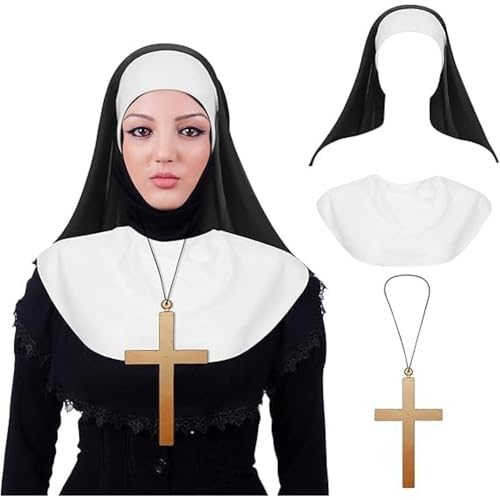 Véu freira babador cruz para disfarce de freira menina ou mulher. Pack de x3 para acessórios disfarce freira Halloween. Gorro de freira terror ou medo. Véu para homem. Complementos para disfarces de