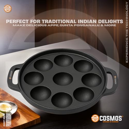 Image of E-COSMOS Pre Seasoned Cast Iron 9 Cavity Appam Patra, Paniyaram Pan Iron, Appam Pan, Pan Cake, Paddu, Appam Maker, Ponganal Maker, Appe and Litti Maker with 2 Side Handle, 23cm, Black (9 Cavity)