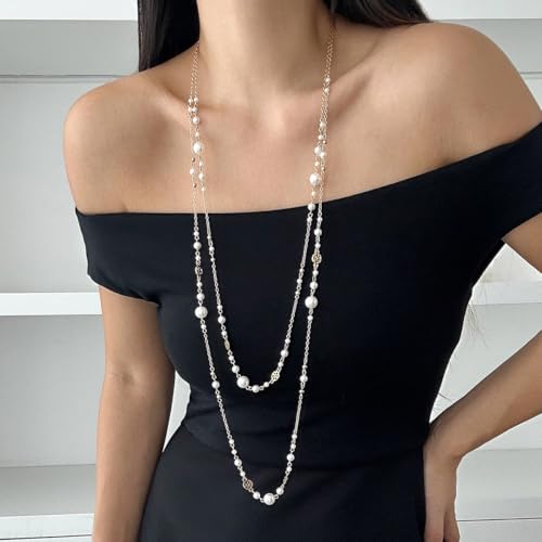 Long Pearl Necklaces for Women Pearl Long Chain Necklace Dainty Gold And Long Pearl Necklaces Layered Pearl Necklace Statement Sweater Strand Chain Jewelry2