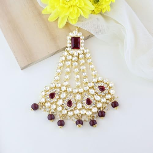 Image of I Jewels Gold Plated Mughal Beautiful Long Pearl Kundan Jhumar Passa /Jhoomar Maang Tikka for Women