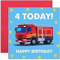 Old English Co. 4th Birthday Card for Boy - Fire Engine Fourth Birthday Gift for Him - 4 Years Old Birthday Card for Child, Young Boy | Blank Inside
