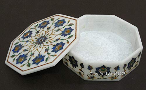 Boîte à bijoux en marbre et lapis-lazuli octogonale 15cm blanche artisanale - 2