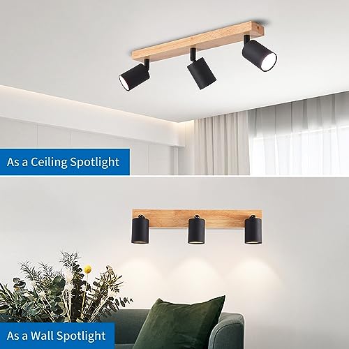 ANWIO Black Wood Led Spot Lights for Ceiling,3 Way Ceiling Light Fitting,Wood Bedroom Lights Ceiling with GU10 Smart Bulbs,Adjustable Kitchen Lights Ceiling(Bulbs Included,EUS-EA1) - Image 4