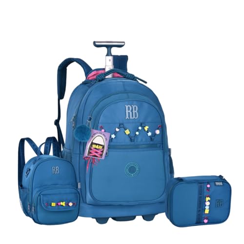 Kit Mochila Rodinha Escolar Rb Rebecca Bonbon Carrinho Estojo E Lancheira Letrinha (Azul)