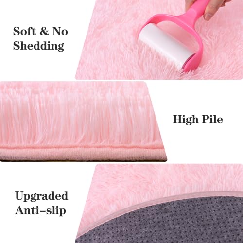 Round Fluffy Pink Rug for Bedroom, 8Ft Large Fuzzy Shag Circle Area Rug for Girls Kids Room Nursery, Soft Non Slip Plush Carpet for Dorm Living Room Home Decor
