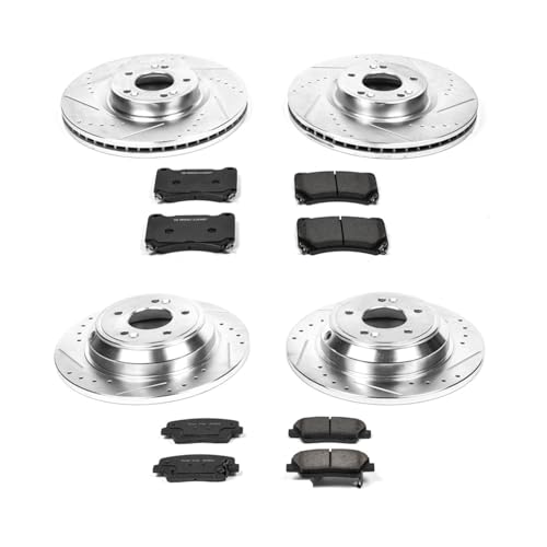 Image of PowerStop Front and Rear Brake Kit for Hyundai Genesis 2009 - Drilled and Slotted Disc Rotors with Carbon-Fiber Ceramic Brake Pads Replacement, K5844