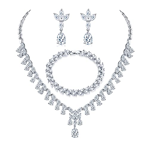 EPVOA- Hochzeit Schmuckset Sterling Silber 925 für Damen, Halskette Ohrringe Armband Set mit Zirkonia, Hochzeit Kristall Tropfen Cluster Schmuck Set für Braut Cover