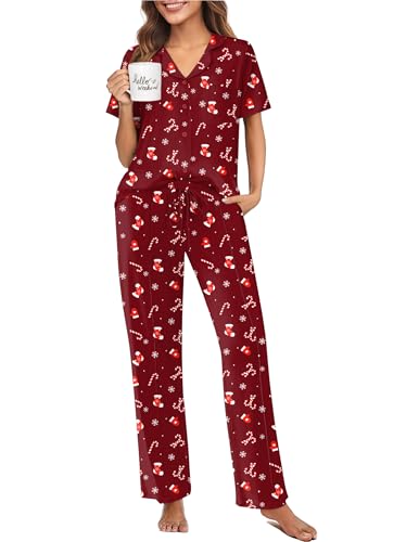 Image of Ekouaer Pajamas for Women Set Button Up Short Sleeve Pjs Sets With Pockets | Soft Womens Sleepwear,V Neck,Notch Collar,2 Piece Classic Loungewear With Long Pant for Sleep,Lounge,Fall