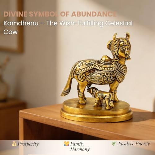 Image of Plus Value Nandi Kamdhenu Cow with Calf Idol Brass Statue Maha Vastu Remedies Product for Home Temple Decor Showpiece (3.5 x 4 Inches, Gold)