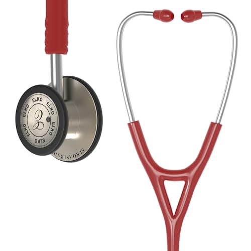 Image of ELKO EL-240 ASTRA III Ti Titanium dual head acoustic stethoscope | Adult & Pediatric Stethoscope with Double-sided Natural Titanium Chestpiece | Two-Way PVC Tubing | Doctors & Medical Students (Red)
