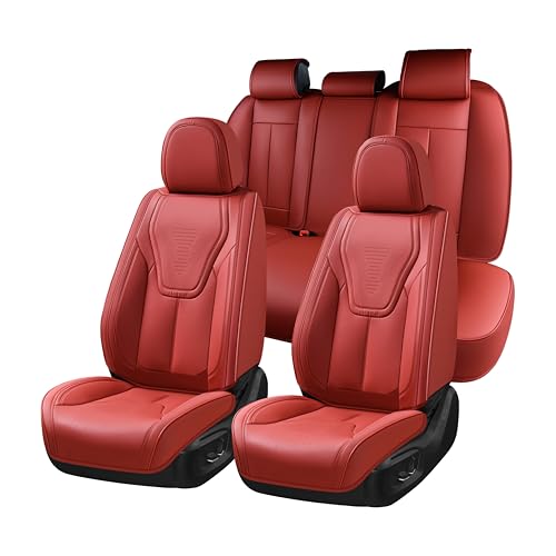 Image of FLORICH Car Seat Cover Full Set, Red Automotive Seat Covers, Luxury Faux Nappa Leather Car Seat Protectors, Car Seat Cushions Universal Fit for Most Sedans SUVs Trucks - Red