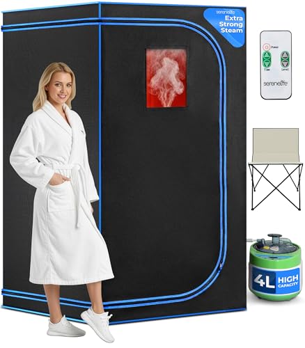 SereneLife Portable Sauna Box for Home, Steam Sauna Tent with Extra Large 4L Steamer - Includes Folding Sauna Chair, Remote Control w/ 9 Heat Levels for in-Home Spa - 2.9' x 2.9' x 5.9'