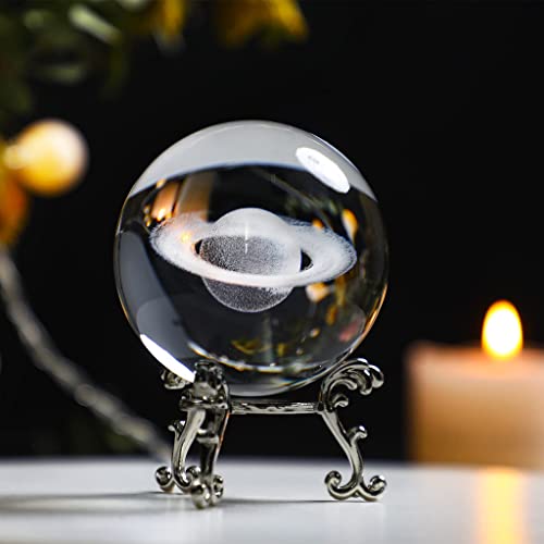 Image of ZEERSHEE 3D Glass Laser Saturn Crystal Ball with Stand 60mm Decorative Glass Ball Paperweights Space Decor for Home
