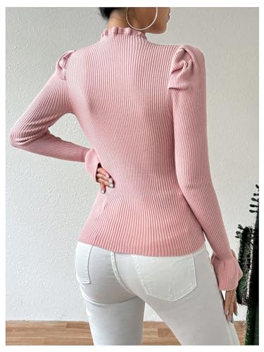 Image of SOLY HUX Women's Long Sleeve Shirts Mesh Heart Cutout Tops Mock Neck Knitted Sweater Pullovers Plain Pink Large