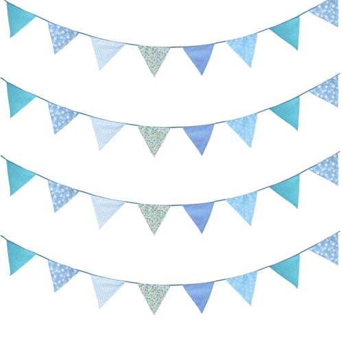 Image of Zwiebeco 32Ft Blue Fabric Floral Pennant Banner Bunting Cotton Flowers Triangle Flags Party Decorations for Birthday Wedding Engagement Bridal Baby Shower Rustic Village Sweet Home Garden Decor