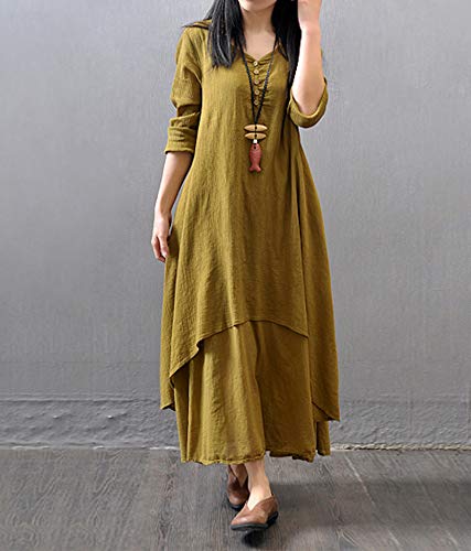 WSLCN Vestido Feminino de Algodão e Linho Irregular Manga Longa Camisa Blusa longa Longa Casual Solt