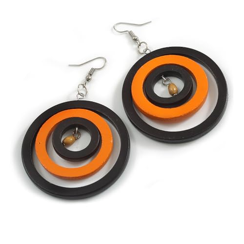 Créoles triple en bois noir orange 50 mm boucles d'oreilles pendantes