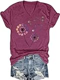 Womens Vintage Flowers V Neck Shirt Boho Floral Wildflowers Graphic Tee Casual Short Sleeve T Shirt (US, Alpha, Medium, Regular, Regular, Violet)