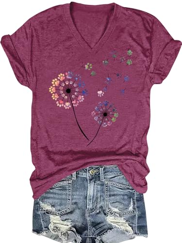 Womens Vintage Flowers V Neck Shirt Boho Floral Wildflowers Graphic Tee Casual Short Sleeve T Shirt (US, Alpha, Medium, Regular, Regular, Violet)