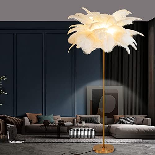 Ostrich Feather Floor Lamp, 1.6m Tall White Ostrich Feather Lamp, Simple Modern Living Room Bedroom Standing Lamp, Led Bedroom Lamp, Golden Lamp Body