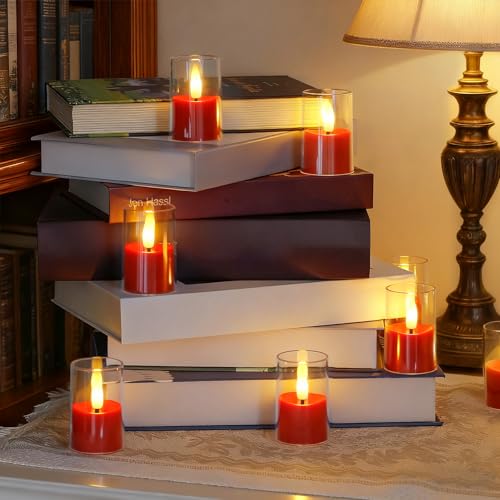 Image of Yeelida 8pcs Battery Operated 1.7 inch x2.5 inch Clear Acrylic Remote LED Tea Lights, Flameless 2 /4 /6 /8h Timer Fake Red Bulk Votive Candles with Batteries, Flickering Warm Light Pure Plastic Tealights