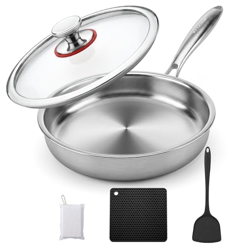KEGDAN 12 inch Stainless Steel Frying Pan, 5pcs Tri-Ply Stainless Steel Pan with Lid, PFOA Free Skillet, Oven & Dishwasher Safe, Induction Cooking Pans, Fast & Even Heat and Detachable Handle