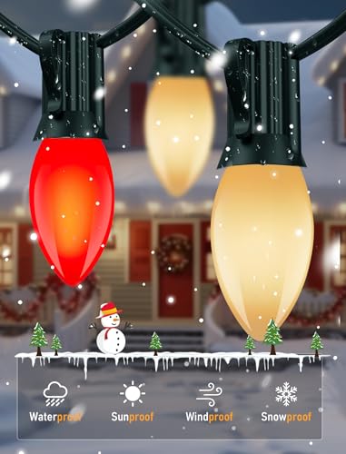 Image of 25Ft LED C9 Red and White Christmas Lights Outdoor, C9 Vintage Christmas Lights with 26 LED Red and White Bulbs, Hanging Outdoor String Lights for Patio Outside Holidays Party Xmas Roofline Wedding