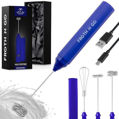 Zulay Froth N Go Milk Frother – Rechargeable 3-in-1 Handheld Frother Wand with Travel Case & USB-C Charger – Single, Double & Egg Whisk for Latte, Cappuccino, Matcha, Protein Shakes – Royal Blue