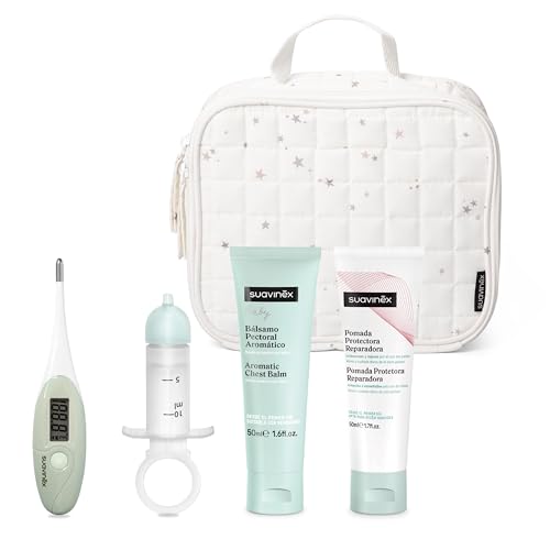Suavinex, Canastilla - Botiquín para Bebés. Incluye: Termómetro Digital Fiebre + Limpiador Nasal + Bálsamo Pectoral Aromático, 50 ml + Pomada Pañal, 50 ml. Neceser Textil con Cremallera, Blanco