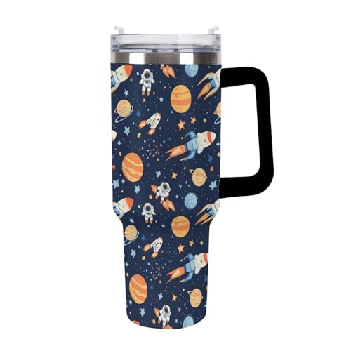 Outer-Space Astronaut Rocket Tumbler with Handle Travel Mug Water Bottle Tea Coffee Cup Black-style