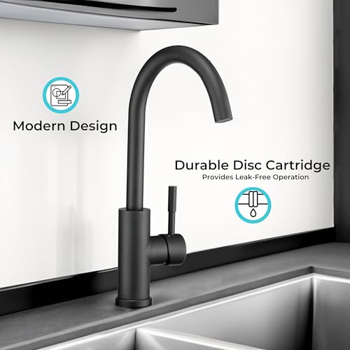 Image of Dura Faucet DF-MK531LK-MB RV Gooseneck Kitchen Faucet (Matte Black) | Streamline gooseneck kitchen faucet for RV and camper galleys. Matte Black finish. Easy DIY install.